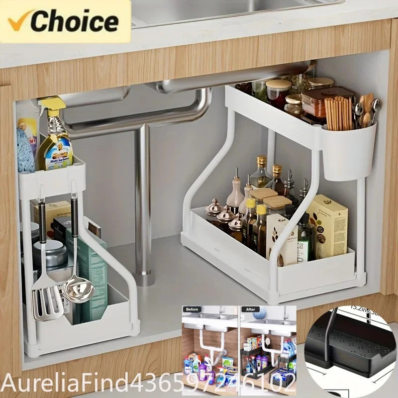 2-Tier Pull-Out Cabinet Organizer, Stainless Steel Under-Sink Storage Rack, 37.5 x 22 x 32 cm for Kitchen and Bathroom - product view 6