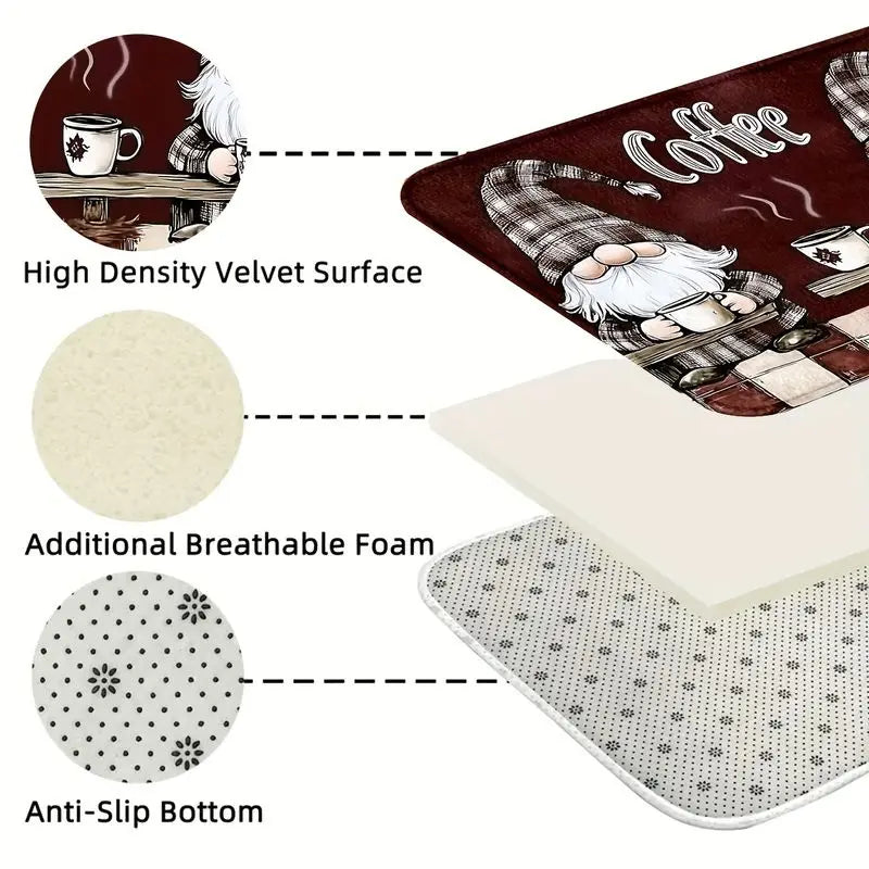 Burgundy Gnome Kitchen Runner Rug, Soft Printed Polyester, Non-Slip PVC Backing, Fade-Resistant Entryway Mat - product view 6