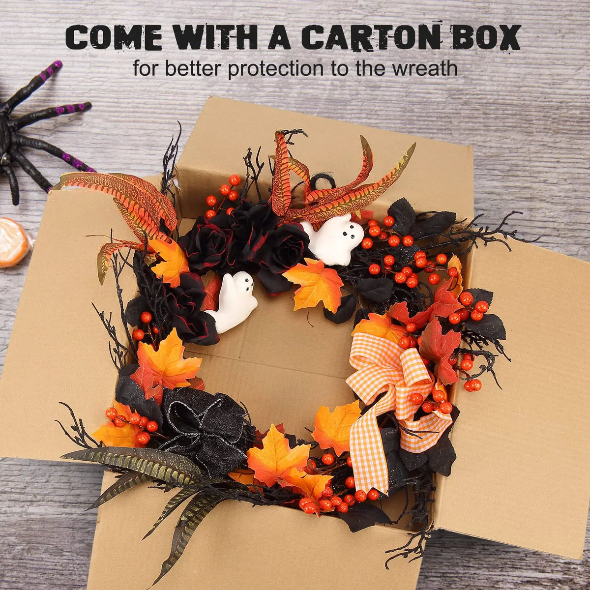Ghost Halloween Wreath, Round Plastic Front Door Decor with Black Roses, Maple Leaves and Orange Bow for Seasonal Celebrations - product view 6