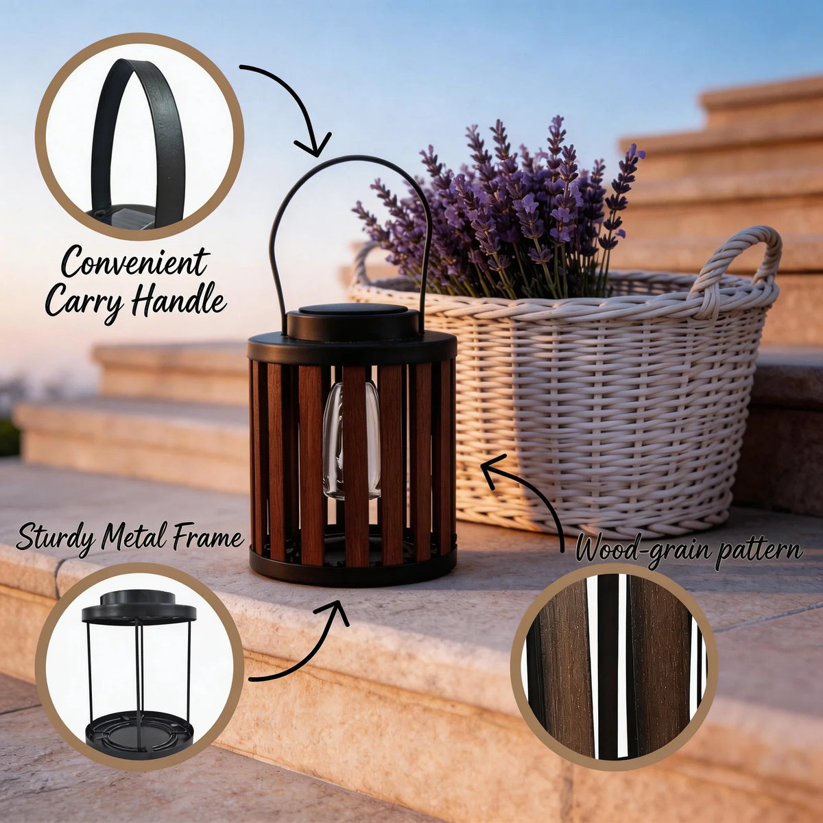 Solar Lanterns, 2-Pack LED Hanging or Table Lights, Wood-Grain Metal Frame, Dusk-to-Dawn Auto On/Off for Patio and Garden - product view 6