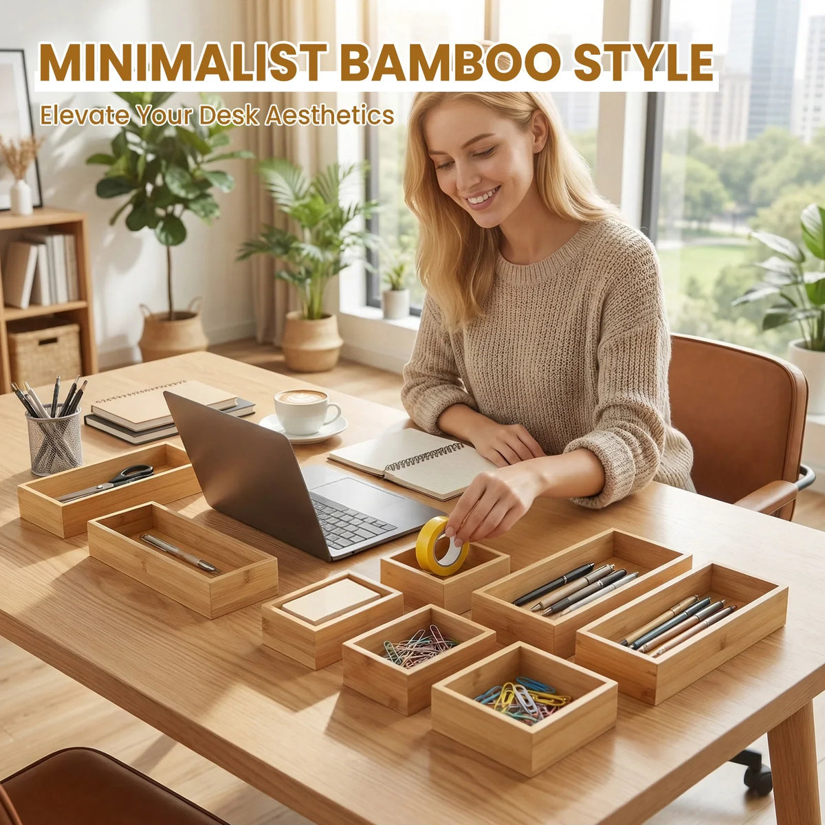 8-Piece Bamboo Drawer Organizer Set, Multi-Size Storage Trays for Makeup, Jewelry, Desk, Kitchen and Bedroom - product view 6