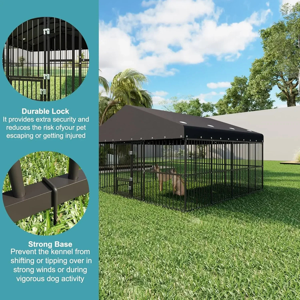 Large Outdoor Dog Kennel, Heavy-Duty Metal Enclosure with Roof, Triple Safety Locks and Secure Fence Playpen, 10x15 or 10x20 - product view 6