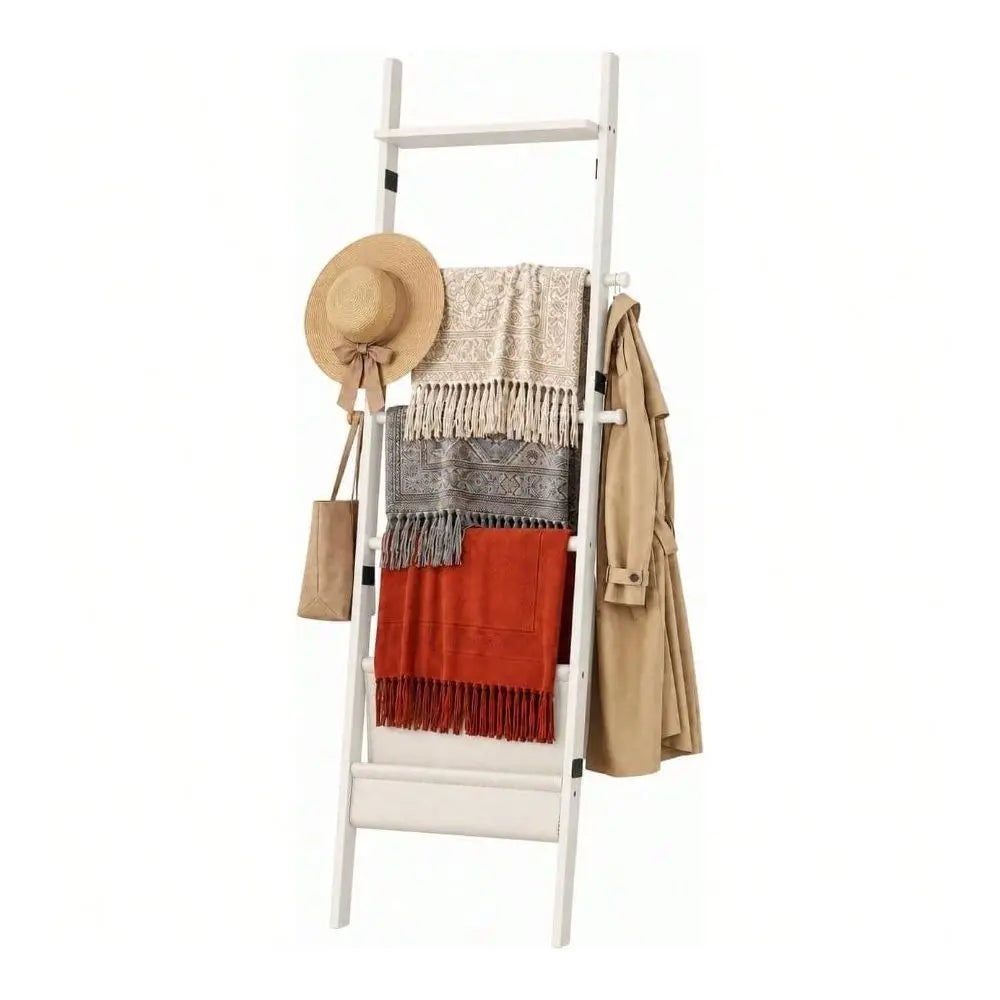 4-in-1 Towel Ladder Rack, 5-Tier Leaning Blanket Rack with Magazine Pocket and 4 Removable Hooks for Spa Bathrooms - product view 6