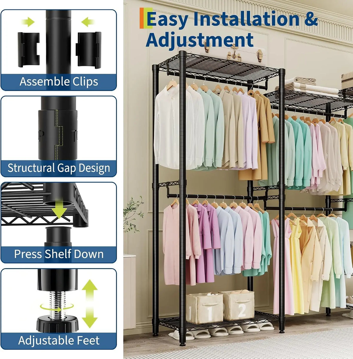 Freestanding Garment Rack, 5 Hanging Rods, Adjustable Wire Shelves, 67.6-Inch Wide, 76.5-Inch Tall Metal Clothes Rack - product view 6