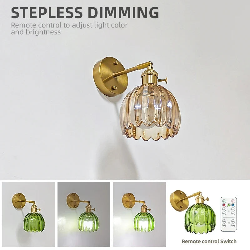 Vintage Glass Wall Sconce, Rechargeable LED, Remote Control, Dimmable E27 Lamp for Bedroom, Dining Room and Foyer - product view 6
