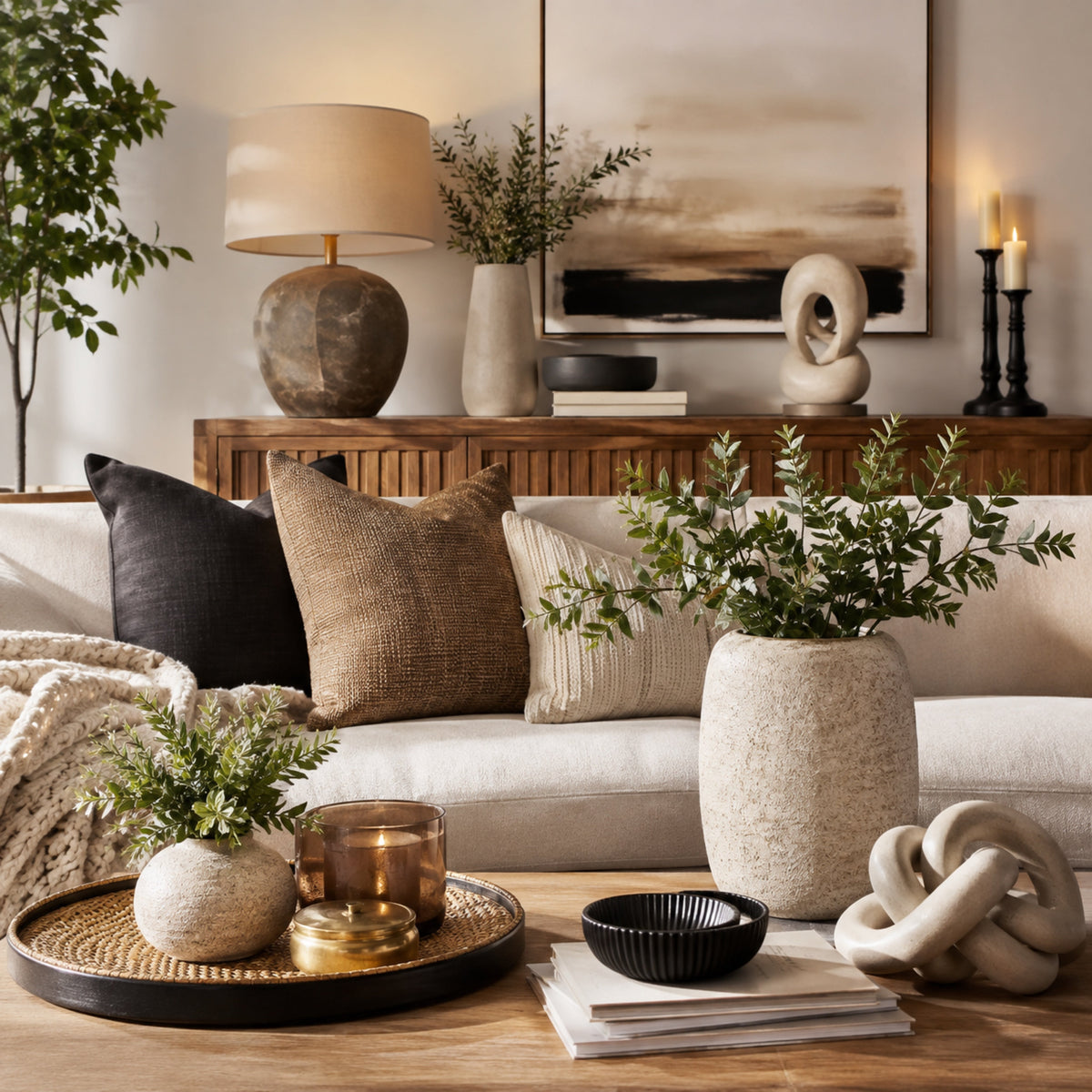 A warm living room with decorative accents, cushions and soft lighting
