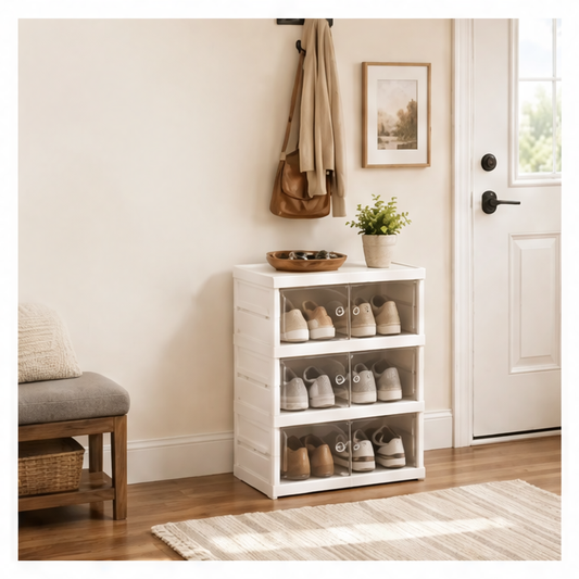 JupiGlow Stackable Shoe Storage Box, Foldable Modular Plastic Cabinet with Transparent Flip Door, Dust-Resistant 3, 6 or 9-Tier Options