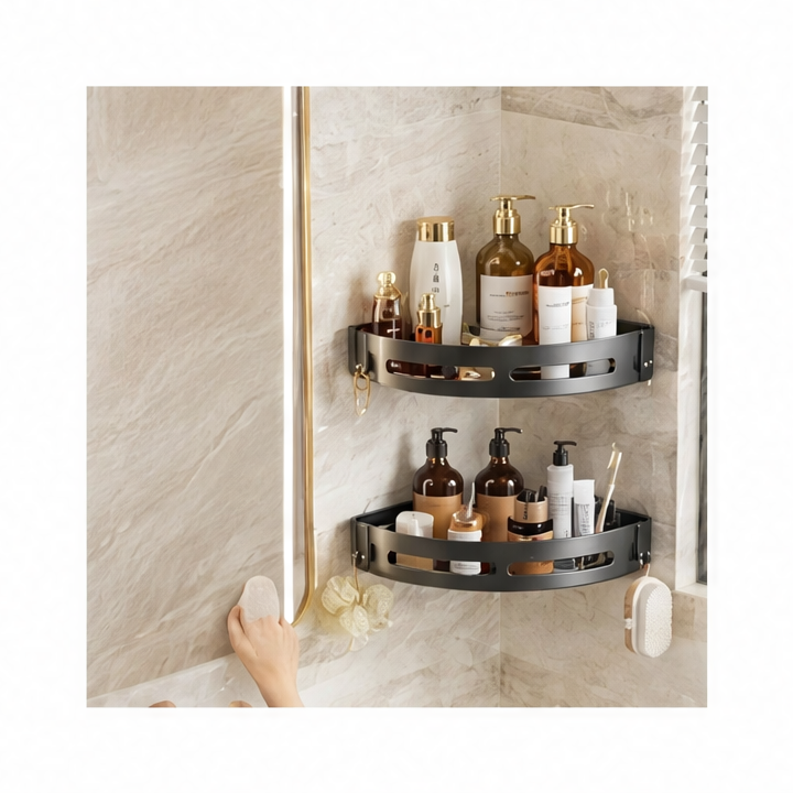 JupiGlow 2-Piece Corner Shower Shelf Set with Adhesive Patches and Double Hooks, Wall Bathroom Storage for Shampoo