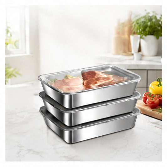 JupiGlow Stackable Metal Food Storage Containers with Lids, Rectangular Freezer-Safe Trays, 3, 6 or 9 Pieces for Kitchen Storage