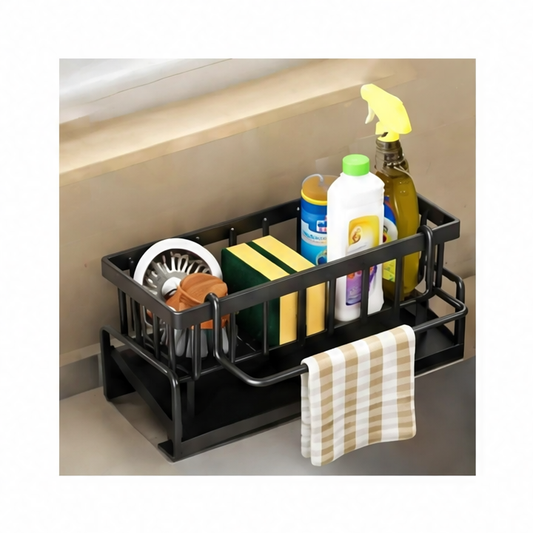 JupiGlow Over-Sink Faucet Caddy, 420 mm Compact Spice Rack and Utensil Holder with Drainage Tray, Black ABS Kitchen Organizer