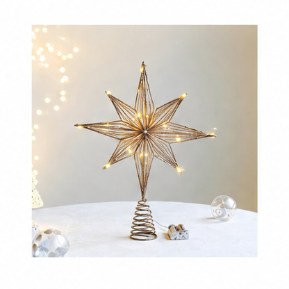 JupiGlow LED Christmas Star Tree Topper, Hollow-Carved Gold or Silver Battery-Powered Ornament with Circular Base for Holiday Décor