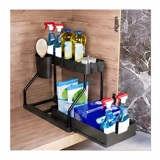 JupiGlow 2-Tier Pull Out Cabinet Organizer, Stainless Steel Under Sink Storage Rack, 37.5 × 22 × 32 cm for Kitchen or Bathroom