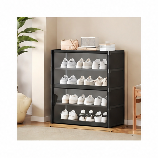 JupiGlow Transparent Shoe Cabinet Organizer, Iron Frame Closed Rack with Plastic Panels, Black 5-, 7- or 9-Level Storage
