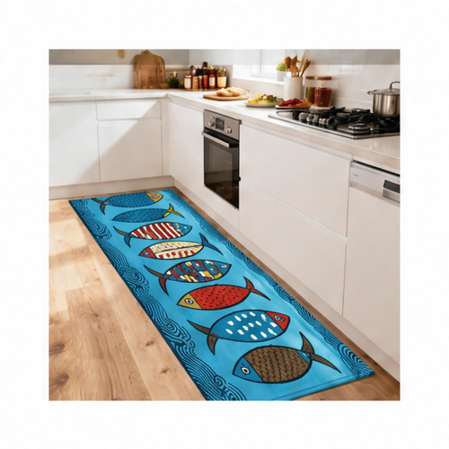 JupiGlow Colorful Cartoon Fish Print Runner Rug, Washable Polyester Mat with PVC Backing for Kitchen, Laundry and Entryway