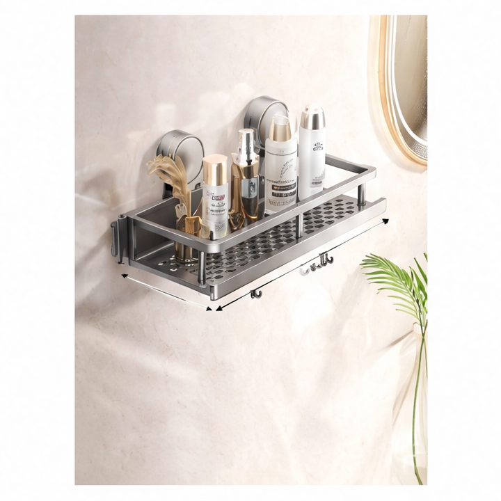 JupiGlow No-Drill Suction Cup Bathroom Shelf, Single Tier Wall Mount, Aluminum Alloy, Gray 30–60cm and Rod Models