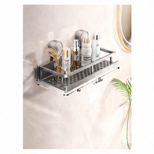 JupiGlow No-Drill Suction Cup Bathroom Shelf, Single Tier Wall Mount, Aluminum Alloy, Gray 30–60cm and Rod Models