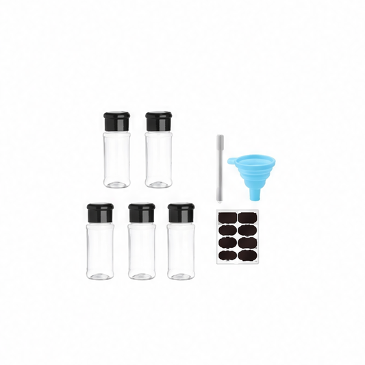 JupiGlow Spice Organizer Jar Set, Clear Plastic Seasoning Bottles with Labels and Pen, 5 to 20 Pieces, Optional Shelf for Salt, Herbs and DIY Supplies