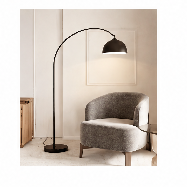 JupiGlow Modern Arched Floor Lamp, Black Metal Dome Shade, E27 Base, Included LED Bulb, 220V EU Plug for Living Room