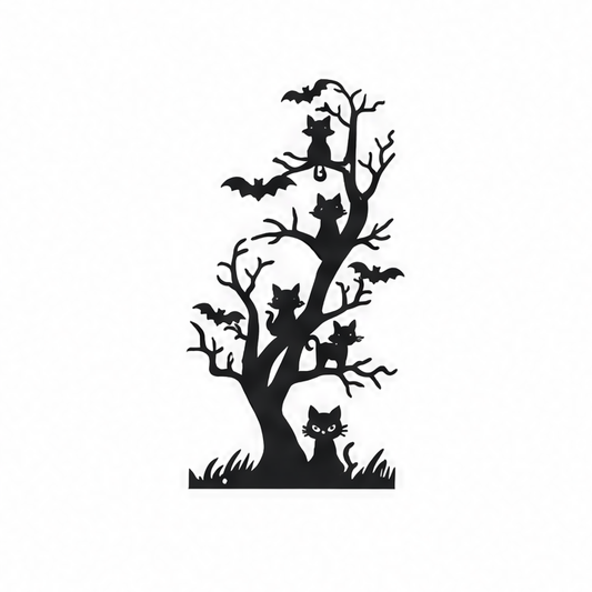 JupiGlow Art Deco Metal Wall Sculpture, Spooky Tree with Cats, Bats and Spider Web, 1 mm Steel Décor for Indoor or Outdoor Walls