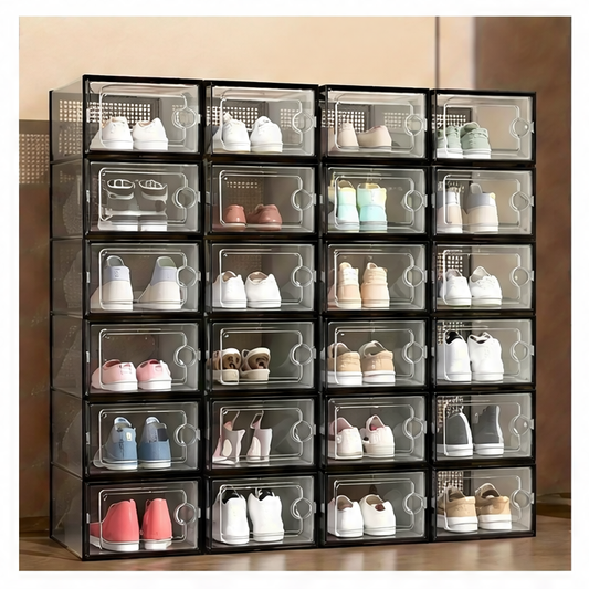 JupiGlow Stackable Shoe Storage Box, Transparent Front-Opening Design with Lid, 24-Piece Combination, ABS Frame for Home Organization