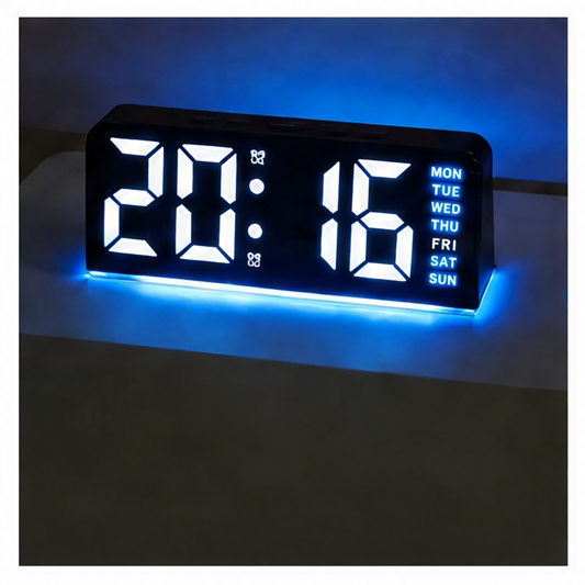 JupiGlow Mini Digital Alarm Clock, Blue Backlight, Adjustable Brightness, Calendar and Temperature Display, USB 5V Desktop Nightstand Clock