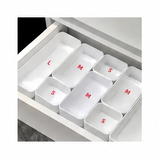JupiGlow 7-Piece Plastic Drawer Organizer Set, Interlocking Storage Trays in 3 Sizes for Vanity, Kitchen, Office and Bathroom, White