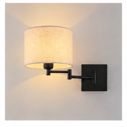 JupiGlow Swing Arm Wall Sconce, Fabric Shade, Iron Body, E27 Socket, 220V AC Bedroom and Study Lighting Fixture