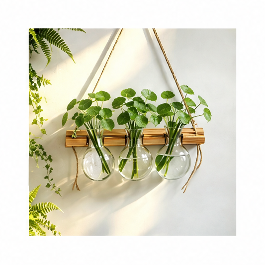 JupiGlow Wall-Mounted Hydroponic Vase, Boho Rope Hanging Wood and ABS Bulb Planter for Pothos, Lucky Bamboo and Flowers