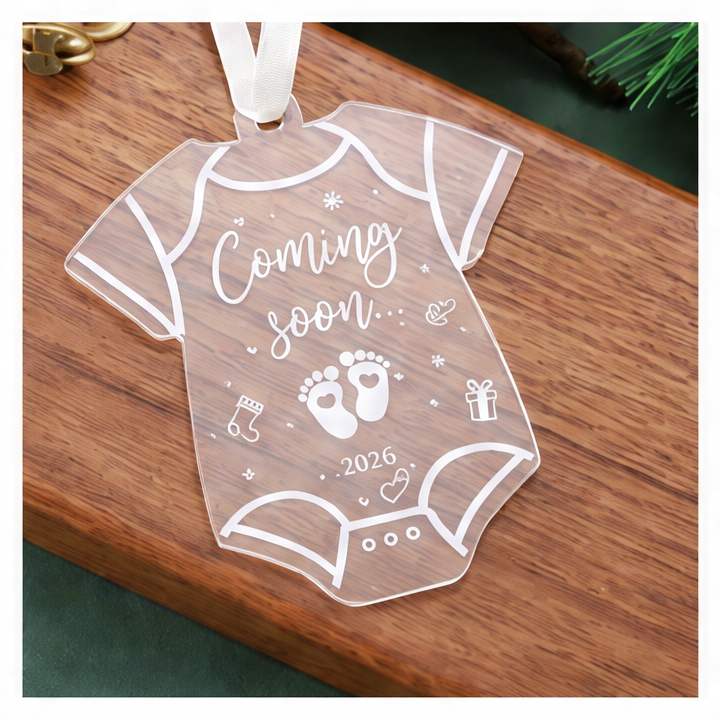 JupiGlow 2026 Coming Soon Pregnancy Announcement Ornament, Acrylic Heart Hanging Christmas Tree Decoration, 1-Piece Keepsake
