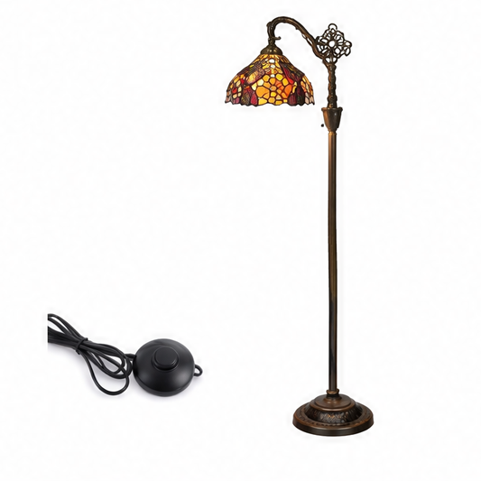 JupiGlow Tiffany Arched Floor Lamp, Vintage Stained-Glass Gooseneck Reading Light, 160 cm Tall, E27 and Multi-Plug Options