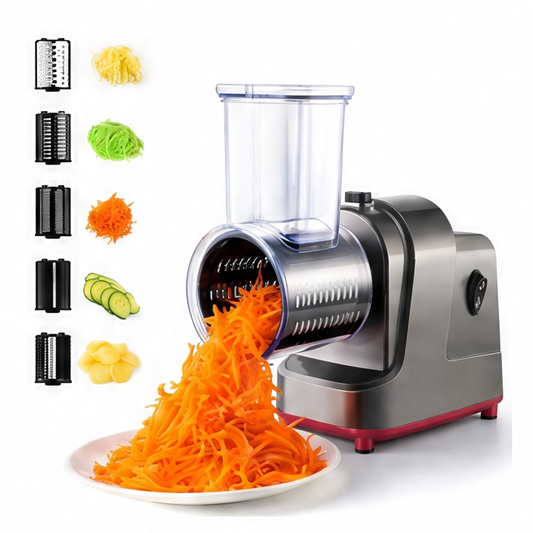 JupiGlow 5-in-1 Electric Vegetable Slicer, 250 W Automatic Shredder, Cheese Grater and Salad Shooter with US or EU Voltage
