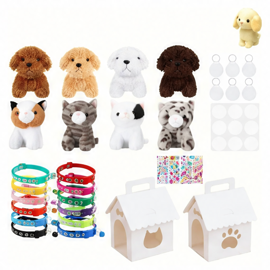 JupiGlow Pet Adoption Party Favor Kit, 8-36 Plush Pets with Decoratable Houses, Adjustable Collars, ID Cards and Stickers for Baby Showers