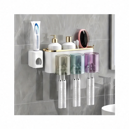 JupiGlow Wall-Mounted Toothbrush Rack and Mug Holder with Toothpaste Squeezer, Plastic Two-, Three- or Four-Person Set