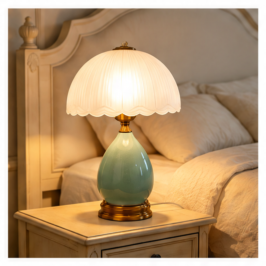 JupiGlow Vintage Green Ceramic Bedside Lamp, Pleated Frosted Glass Shade, Antique Gold Base, AC Power, 110 V for Bedroom