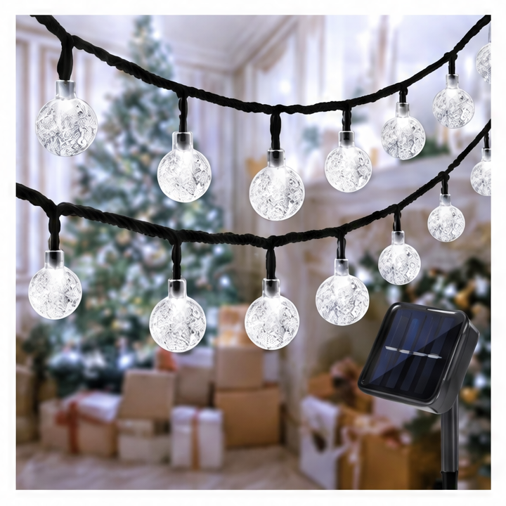 JupiGlow 12m Solar Bubble Ball String Lights, Dimmable LED, Cold White RGB or Warm White Models