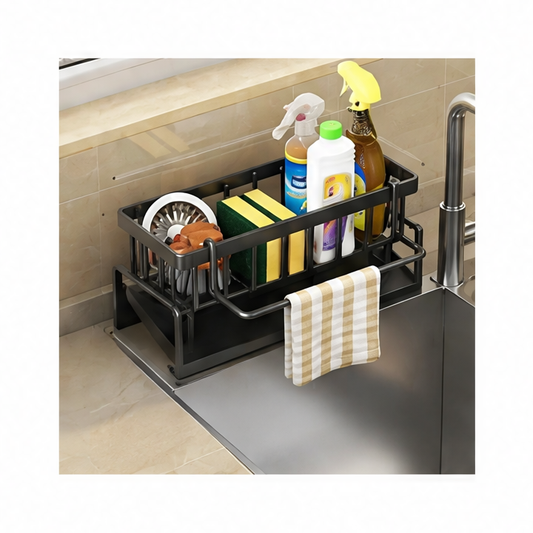 JupiGlow Kitchen Sink Organizer Spice Rack, ABS Drainage Shelf with Water Tray, Towel Bar and Hooks, No-Punch Storage for Counters
