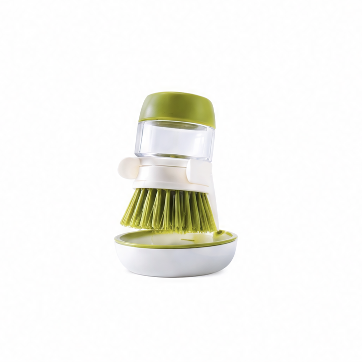 JupiGlow Soap Dispensing Dish Brush with Holder and Drip Tray, Round Plastic Kitchen Scrubber in Green or Gray