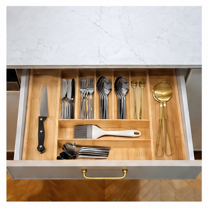 JupiGlow Bamboo Expandable Drawer Organizer, Adjustable 7–9 Slot Utensil Tray for Kitchen Cutlery, Silverware and Flatware Storage