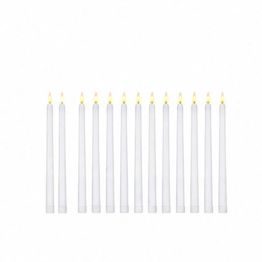 JupiGlow Flameless LED Taper Candles, Flickering Flame Design, Battery Operated, White or Ivory, 12 to 120 Pieces for Events
