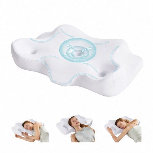 JupiGlow Ergonomic Memory Foam Neck Pillow, Concave Contour Bedding Pillow with Cooling Removable Pillowcase, White or Light Grey