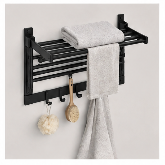 JupiGlow Wall-Mounted Towel Rack, Black Space Aluminum Shelf with 7 Rotating Rods, 5 Hooks, Foldable 40 cm Bath Storage