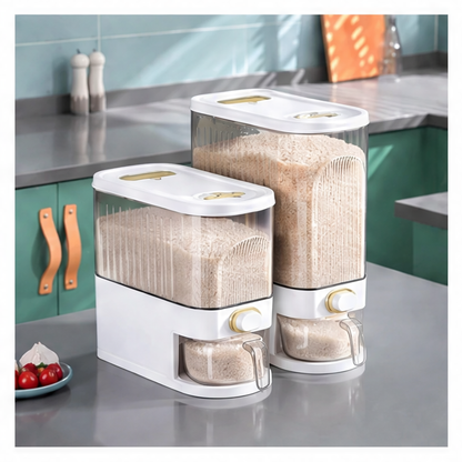 JupiGlow Rice Storage Container, Airtight Grain Dispenser with One-Touch Button and Measuring Cup, Acrylic Pantry Organizer