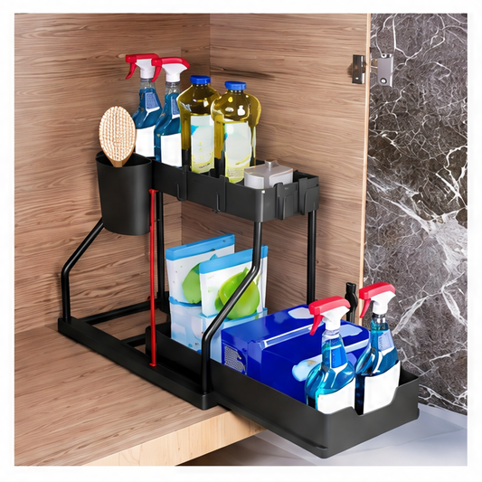 JupiGlow 2-Tier Pull-Out Cabinet Organizer, Stainless Steel Under-Sink Storage Rack, 37.5 x 22 x 32 cm for Kitchen and Bathroom