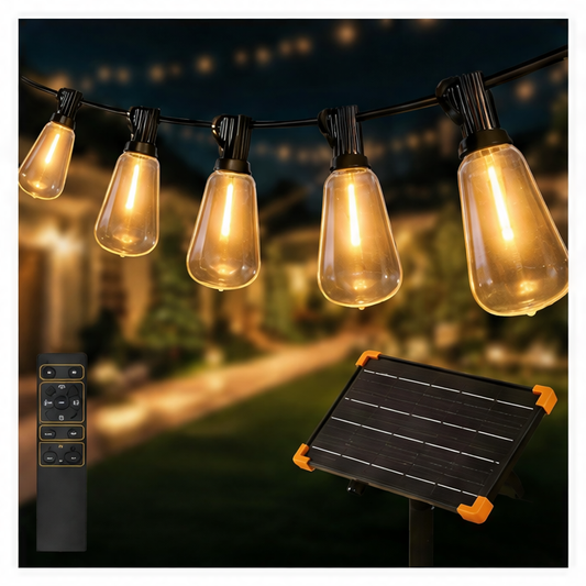 JupiGlow Solar String Lights, 50FT 2700K Warm White LED Balls, Remote Control, 12 Bulbs, Waterproof Outdoor Patio Decor