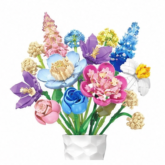 JupiGlow 865-Piece Flower Bouquet Building Kit, Colorful Plastic DIY Assembly Set, Unfinished Design, Wood Option for Gifts and Decor