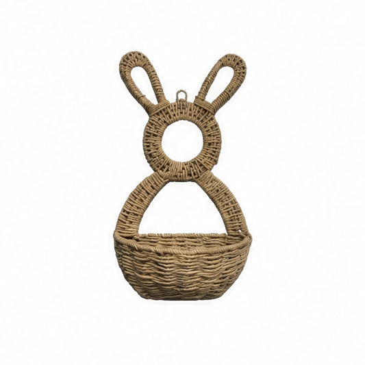 JupiGlow Easter Bunny Wall Basket, Woven Rattan and Bamboo Door Pocket, 41 × 22.5 cm Reusable Spring Decor