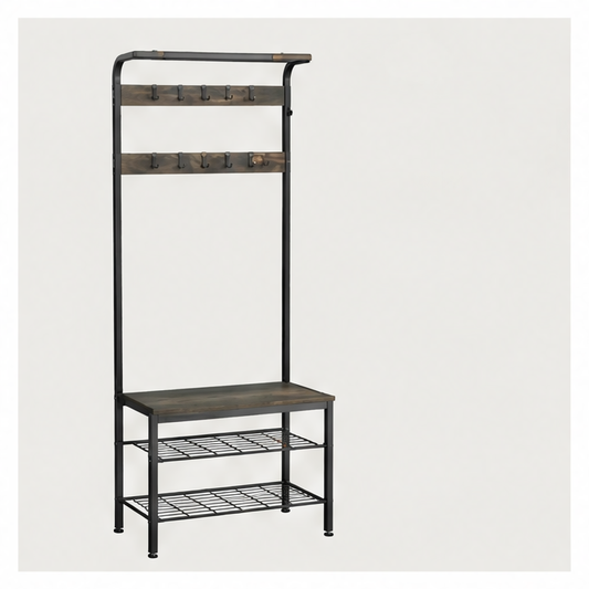 JupiGlow Entryway Coat Rack with Shoe Bench, Hanging Rod, Shoe Shelves and 10 Adjustable Hooks, Metal Frame, Light Grey or Brown
