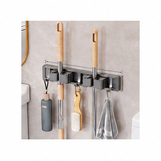 JupiGlow Wall-Mounted Broom Holder, Stainless Steel Mop Organizer Rack with Clips and Hooks for Laundry Room and Utility Storage