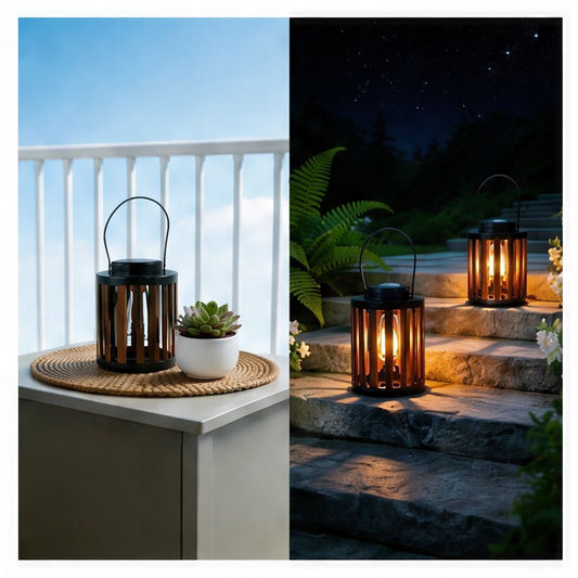 JupiGlow Solar Lanterns, 2-Pack LED Hanging or Table Lights, Wood-Grain Metal Frame, Dusk-to-Dawn Auto On/Off for Patio and Garden