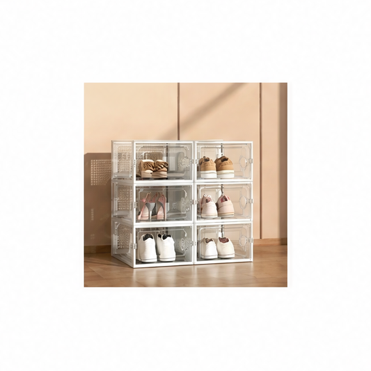 JupiGlow Stackable Transparent Shoe Storage Boxes, Foldable Glossy Plastic Cases, Dustproof Rectangle Organizers, 6- or 12-Piece Options